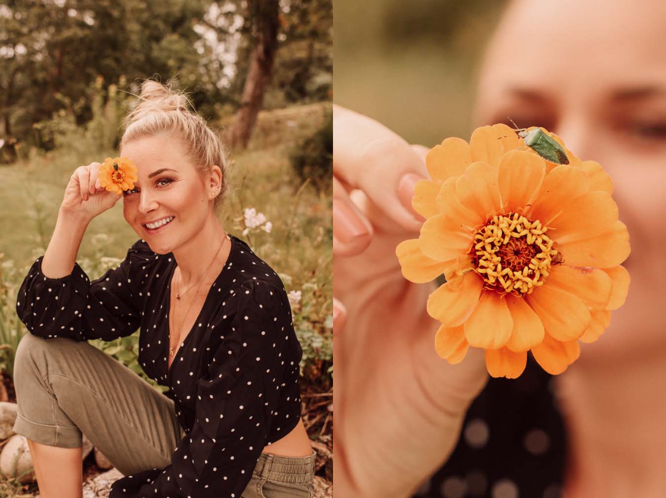 Porträtt utomhus av kvinna som sitter med sommarblomma och tittar in i kameran fotograferat av Satu Knape Fotograf i Linköpingat