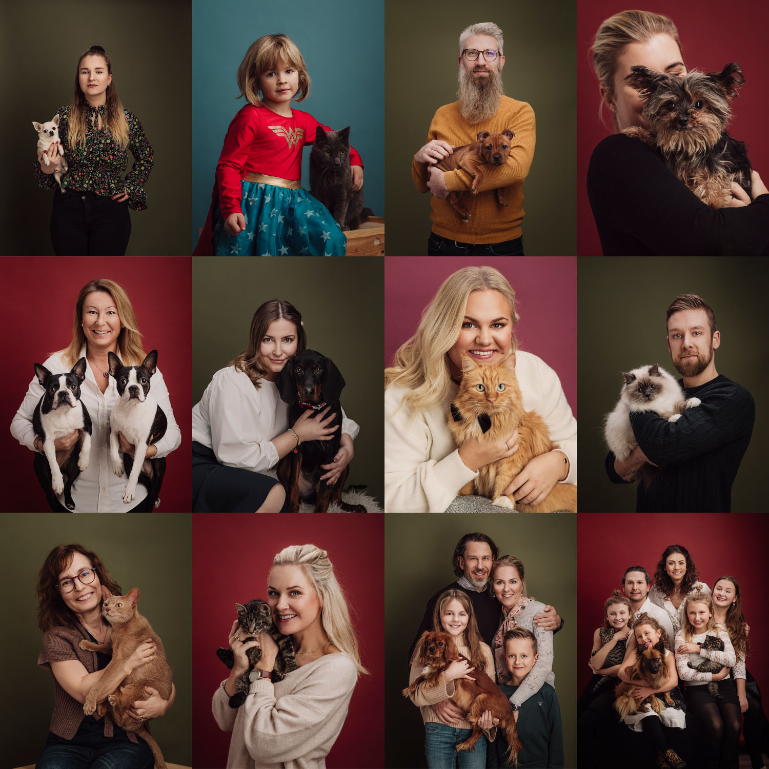 Porträttfotografering med husdjur i studion med personer och deras husdjur. Fotograferat av Satu Knape fotograf i Linköping